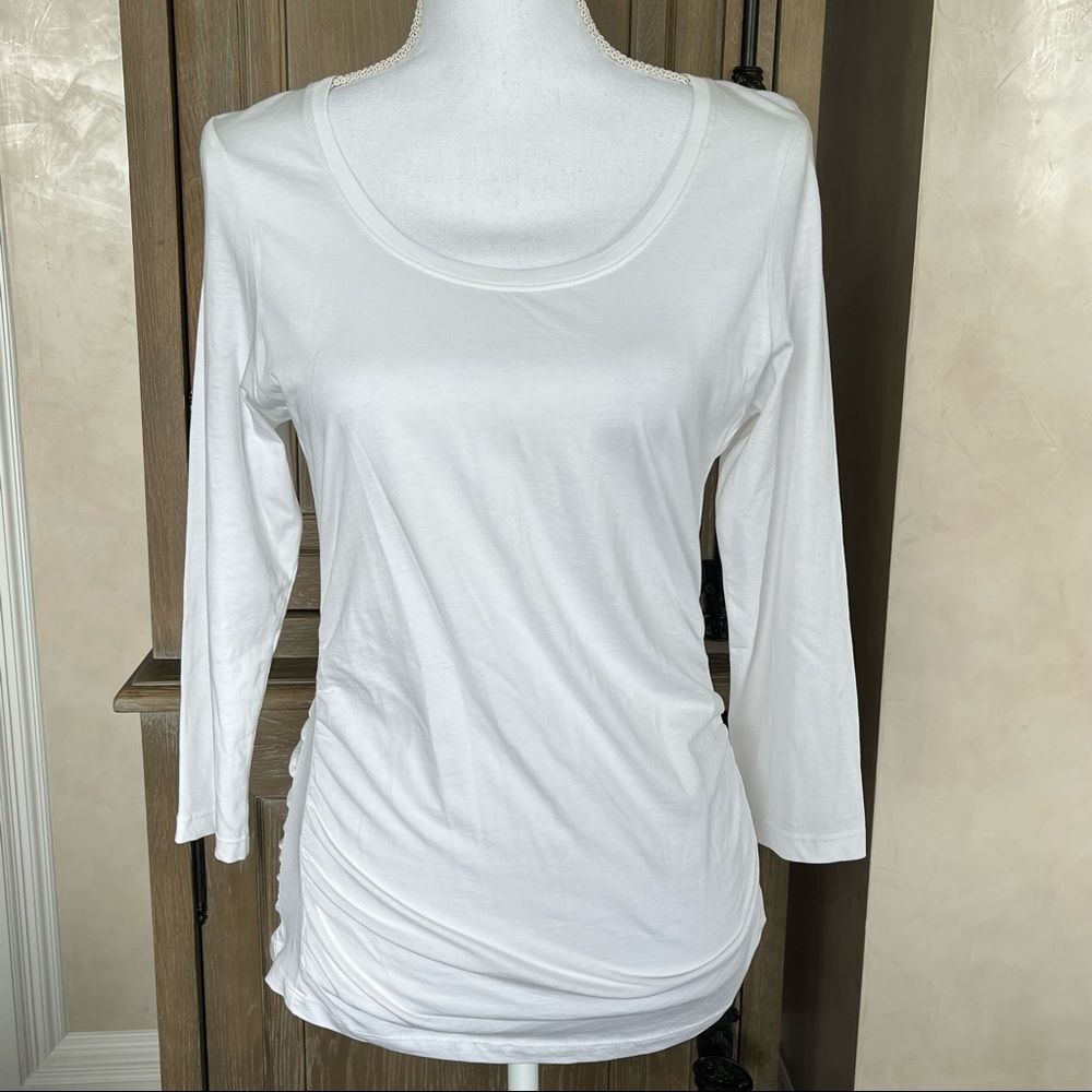 Lilla P White Side Panel Shirren 3/4 length boat neck shirt medium NWT